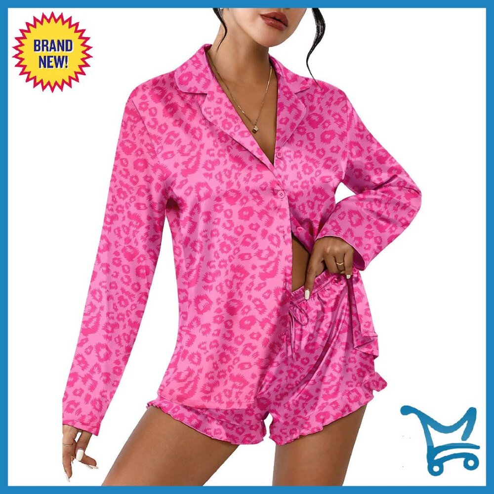 Silky Satin Pajama Set Long Sleeve Top Shorts Lounge Sleepwear